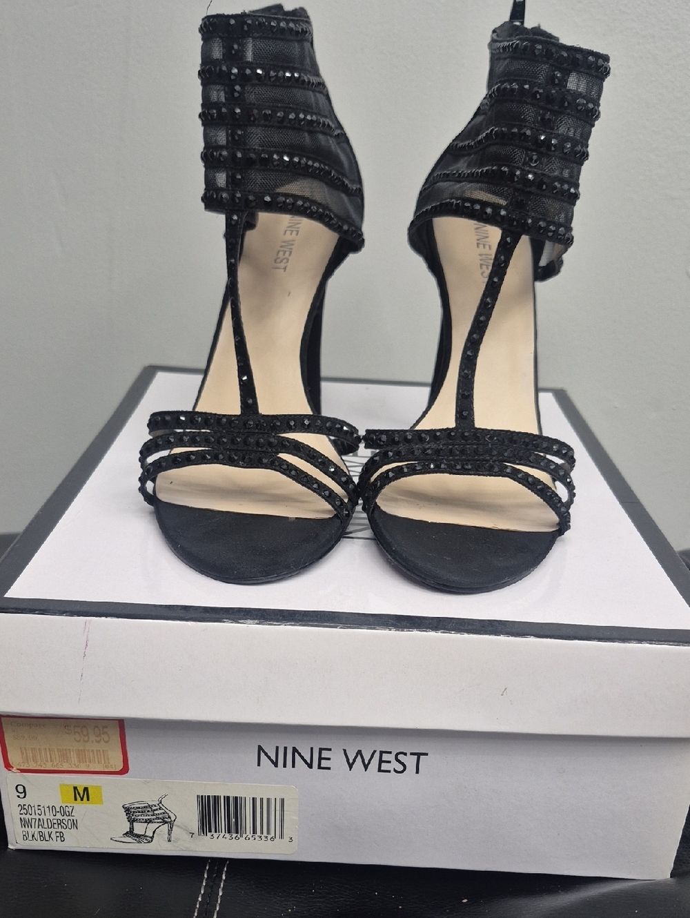 Nine West Black Beaded T-Strap High Heel Sandals